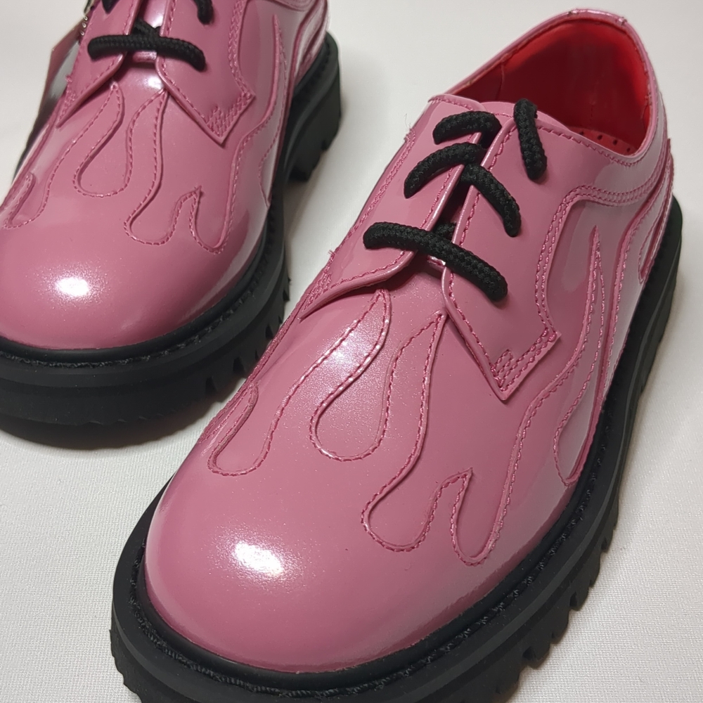 🔥Vintage Designer Kids Leather Dress Shoes Retro Flames Pink Black